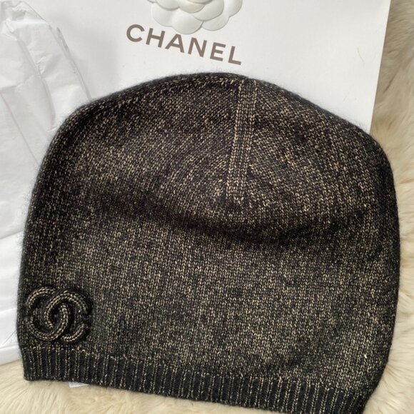 CHANEL Black and Gold Metallic Beanie Hat with Tags - Picture 1 of 4